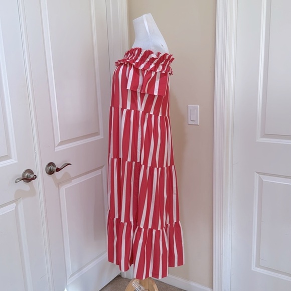 Trina Turk Cattleya Off The Shoulder Coral/White Striped Tiered Dress Size Small - Picture 5 of 10